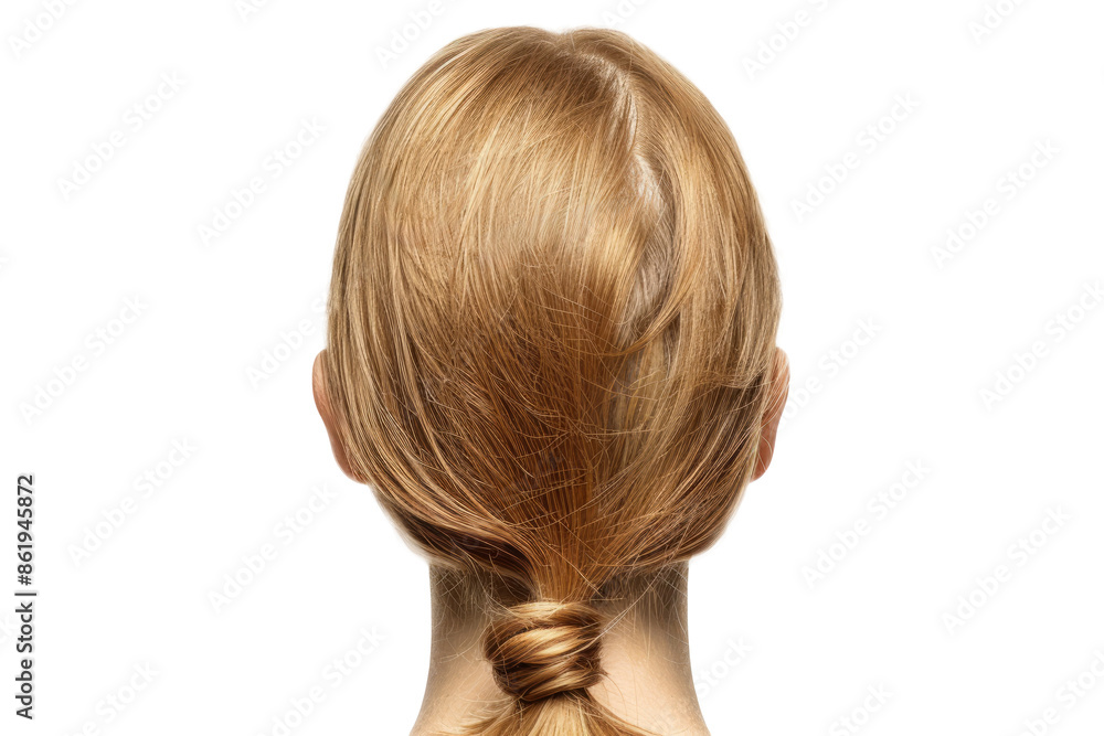 Fototapeta premium Woman with blonde hair in ponytail, rear view. Back view of a woman with long, healthy, blonde hair tied in a ponytail against a white background