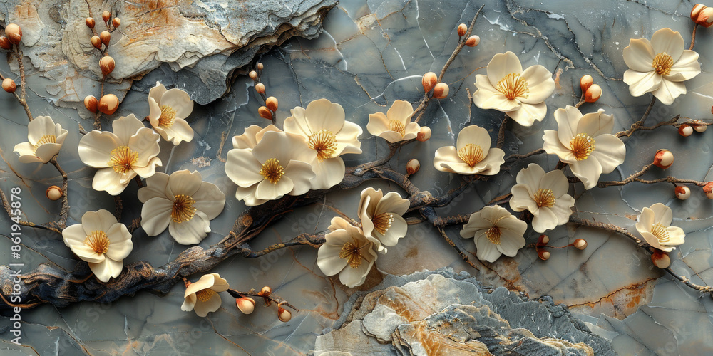 Obraz premium panel wall art, wall decoration, marble background with flowers designs