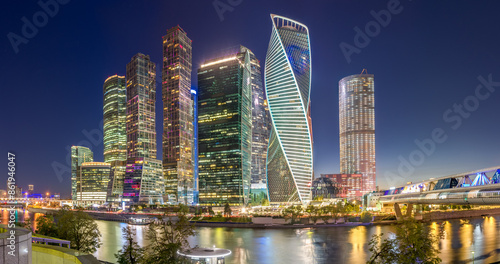 Moscow city at summer night. Modern skyscrapers in Moscow-city downtown. Moscow, Russia