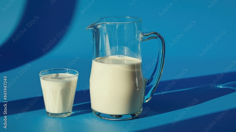 Fresh milk in glass container on blue backdrop with space cream pitcher Fresh milk in glass container on blue backdrop with space cream pitcher