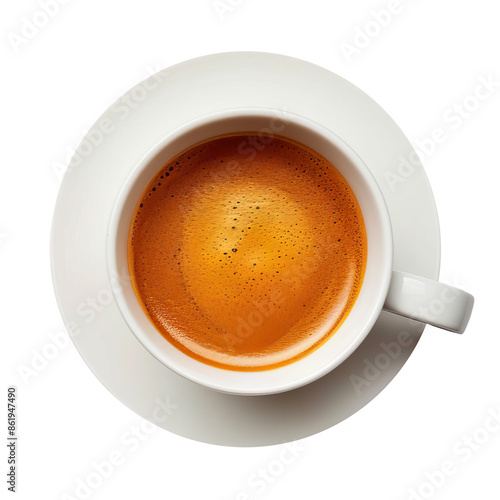Freshly brewed espresso in white cup, top view. Aromatic espresso coffee with crema in a white cup and saucer, shot from above on white background.
