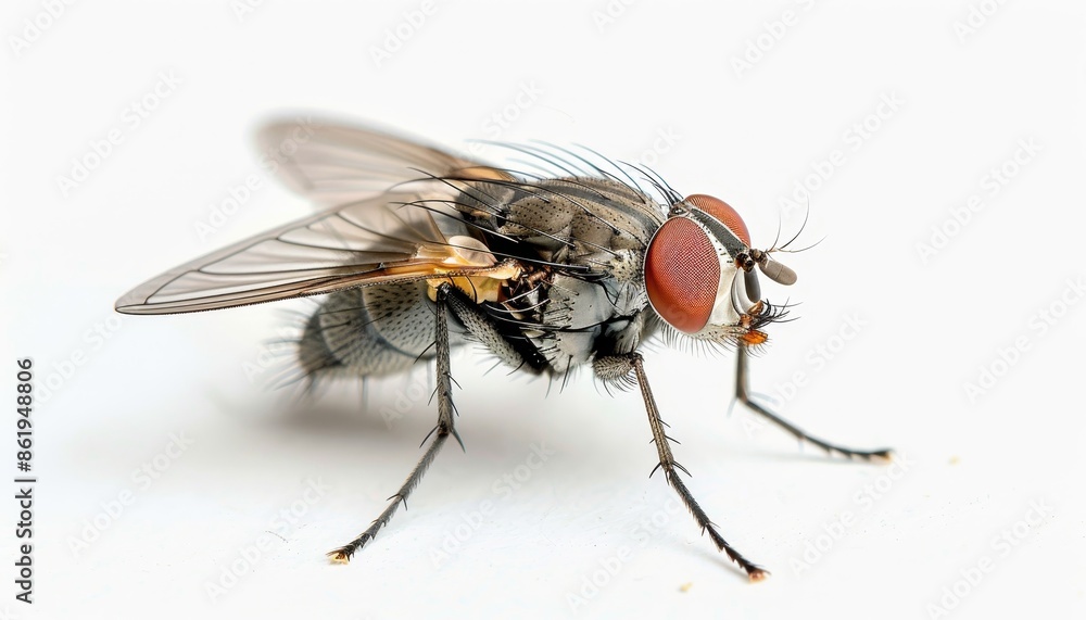 Detailed view of a haematopota pluvialis horse fly on white background, isolated, side profile Detailed view of a haematopota pluvialis horse fly on white background, isolated, side profile