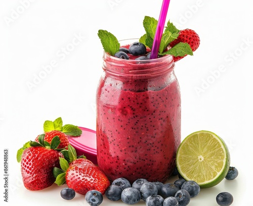 Fresh Strawberry, Blueberry, and Lime Smoothie in a Glass Jar With a Pink Straw