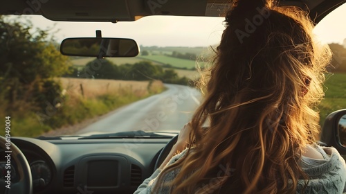 Scene is relaxed and carefree, as the woman enjoys the scenic drive