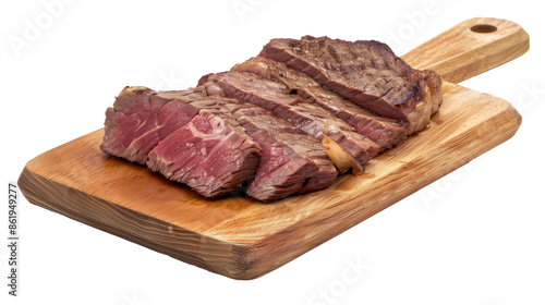 Sliced grilled steak on wooden cutting board. Juicy, perfectly grilled steak sliced and served on a rustic wooden cutting board, ideal for food photography.