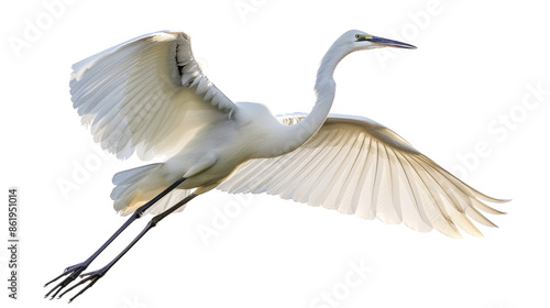 Great egret in flight on white background. Majestic great egret with wings spread, isolated on white. Perfect for nature and wildlife projects.