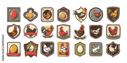 Chicken icons cartoon vector set. Rooster egg sun flower stems farm fresh food poultry meat broiler badges logos labels isolated on white background