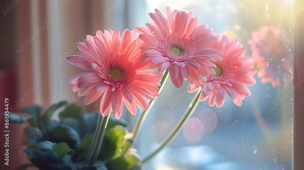 Sun-Kissed Blooms: Delicate Pink Flowers on a Windowsill Sun-Kissed Blooms: Delicate Pink Flowers on a Windowsill