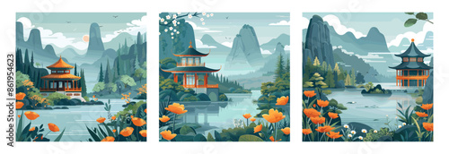 Chinese landscape cartoon vector illustration. Alcove japanese eastern pagoda pond mountains lake flowers trees meditation peacemaking asian view color concepts
