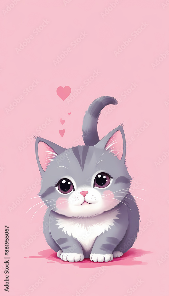 Digital painting style illustration of a cute gray cat with a heart shape in abstract pink background Digital painting style illustration of a cute gray cat with a heart shape in abstract pink background
