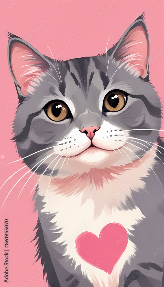 Digital painting style illustration of a cute gray cat with a heart shape in abstract pink background Digital painting style illustration of a cute gray cat with a heart shape in abstract pink background