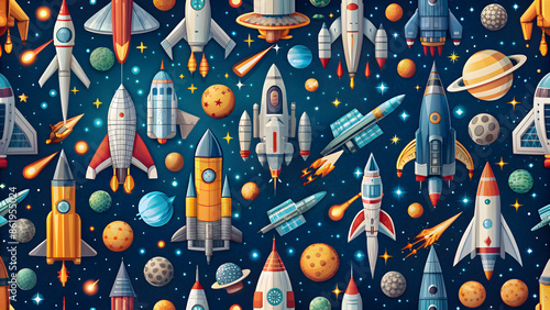 Fototapeta Naklejka Na Ścianę i Meble -  seamless pattern with planet and spaceship