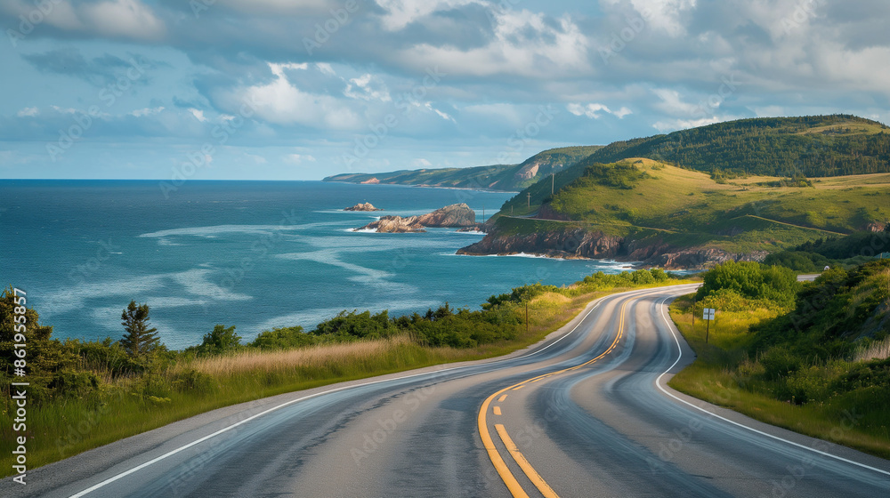 A scenic drive along a coastal highway, summer, coastal drive, hd, picturesque with copy space A scenic drive along a coastal highway, summer, coastal drive, hd, picturesque with copy space