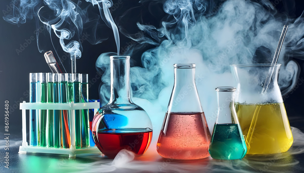 Colorful Chemicals in Glassware With Smoke Colorful Chemicals in Glassware With Smoke
