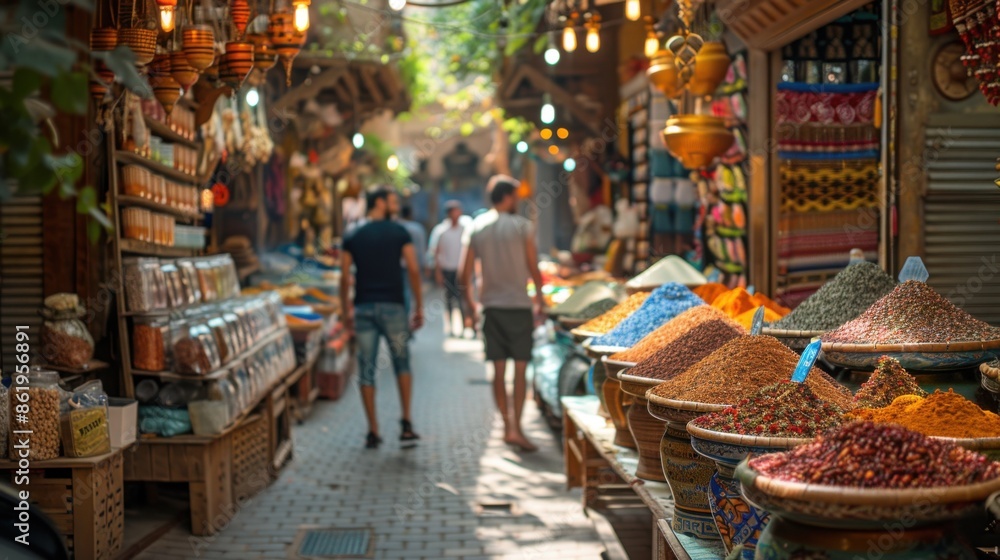 Many baskets of spices on display in a market, Food background Many baskets of spices on display in a market, Food background