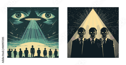 Conspiracy cartoon vector concepts. Menace secret theory men hat silhouettes glasses eyes flying saucer ufo pyramid cone Illuminati mystery agents revelation posters