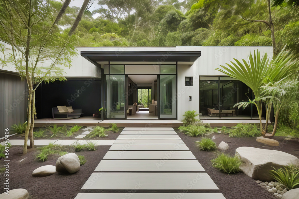 una casa moderna con grandes ventanas de vidrio y techos planos, ubicada en un bosque una casa moderna con grandes ventanas de vidrio y techos planos, ubicada en un bosque