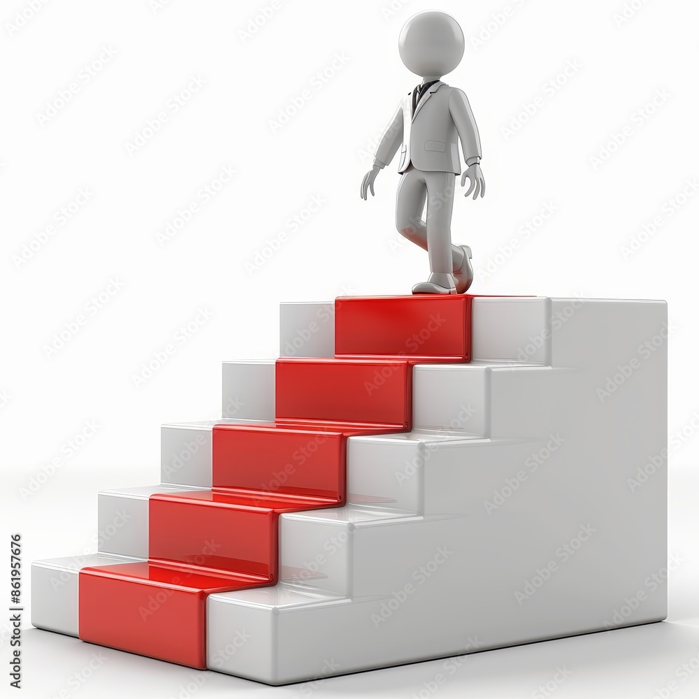 A businessman in a sleek suit ascends a red staircase on a white background. This 3D visualization conveys success, career growth, ambition. Ideal for motivation content