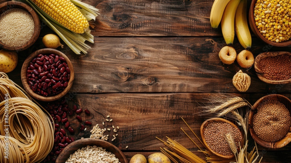 Healthy Carbohydrate Sources on Wooden Table Healthy Carbohydrate Sources on Wooden Table