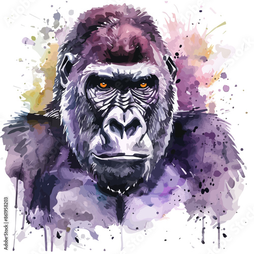Watercolor Graphic vector of a gorilla, isolated on a white background, gorilla art, gorilla clipart, gorilla Graphic, drawing clipart, gorilla vector, gorilla painting.