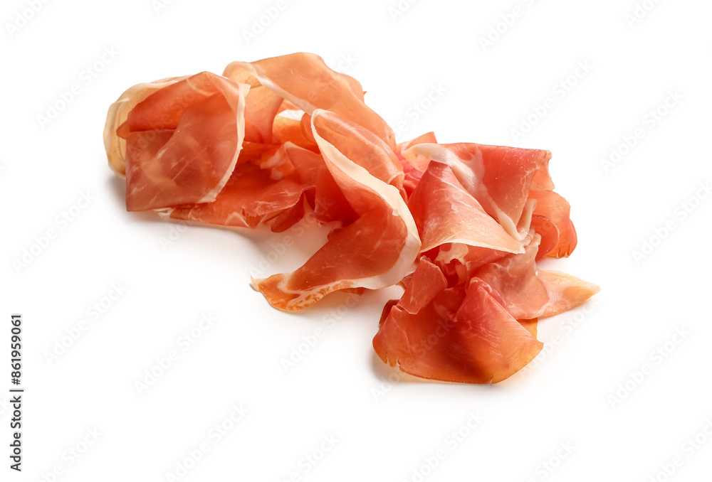 Slices of tasty prosciutto on white background Slices of tasty prosciutto on white background