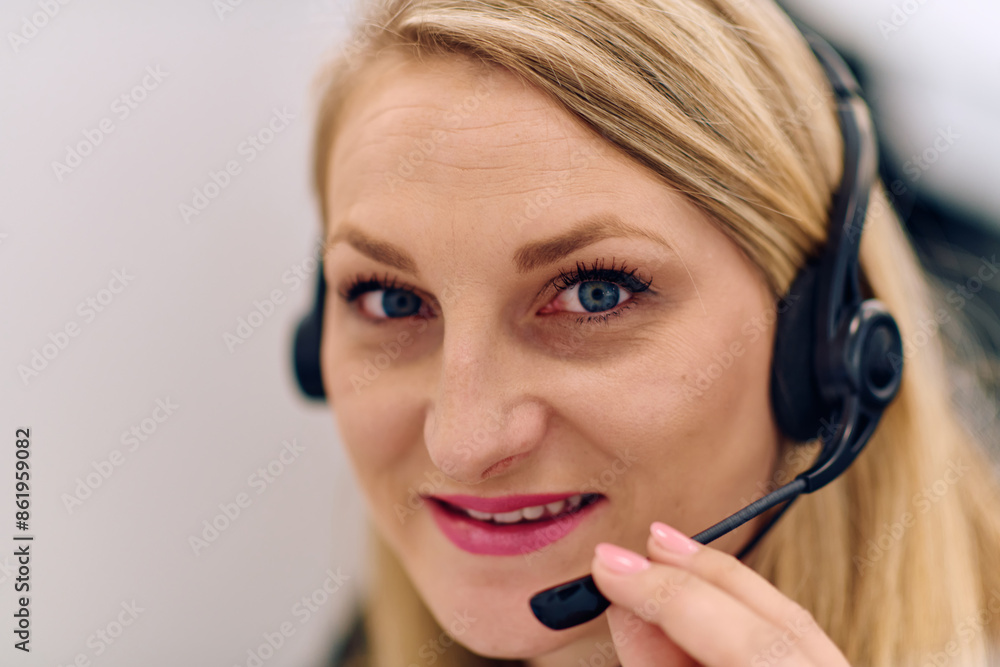 Friendly Call Center Agent Answering Incoming Calls with Headset Providing Remote Customer Service.