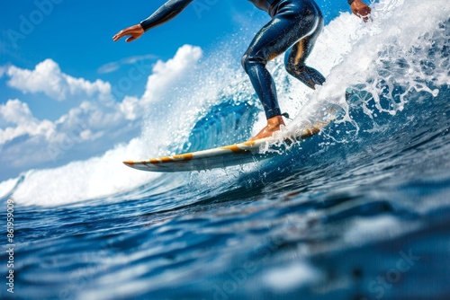 Detailed close up of surfer in wetsuit catching waves in the vast expanse of the ocean photo