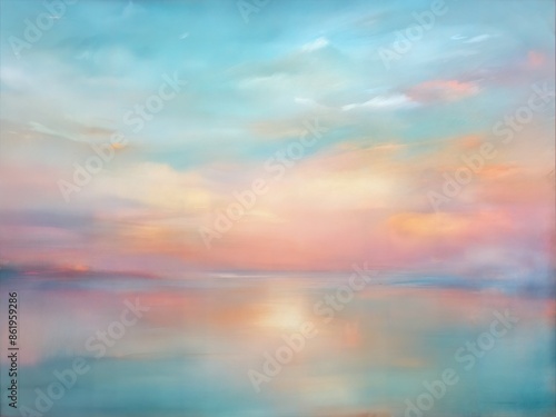 A serene pastel landscape depicting a sunset over a calm body of water, with soft hues of pink, blue, and peach.