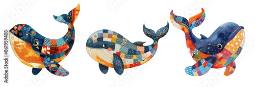 Cute whale cartoon vector set. Fish fins plankton seas giant mammal blanket patches plaid ornament animal ocean creature, illustration isolated on white background