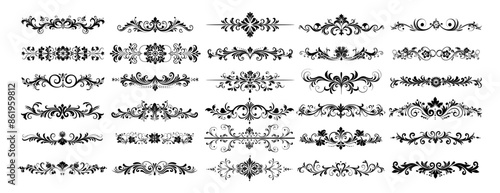 Decorative line dividers black vector set. Stems flowers buds lines lace monograms curlicues classic book borders vintage decoration isolated on white background