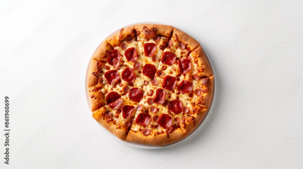 A pepperoni pizza with melted cheese on a white background. A pepperoni pizza with melted cheese on a white background.