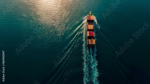 Aerial top view full speed container ship in the deep blue sea for cargo logistics import and export transportation international asia pacific © dinny