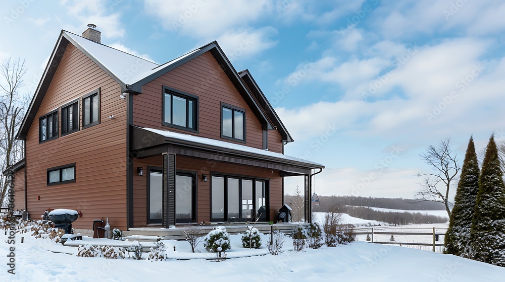 house wrapped in glossy mocha brown vinyl siding, set against a snowy landscape, highlighting its elegant simplicity house wrapped in glossy mocha brown vinyl siding, set against a snowy landscape, highlighting its elegant simplicity