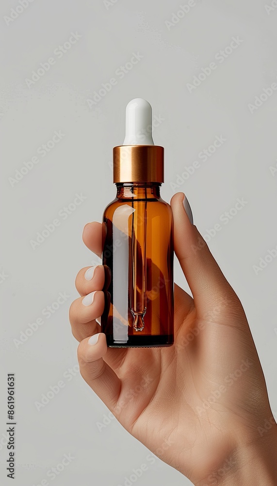 Naklejka premium Woman s hand holding high quality amber glass dropper bottle for skincare and essential oils
