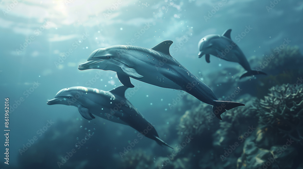 A close encounter with a group of dolphins swimming gracefully near coral reefs, showcasing their realistic skin tones and dynamic movements. A close encounter with a group of dolphins swimming gracefully near coral reefs, showcasing their realistic skin tones and dynamic movements.