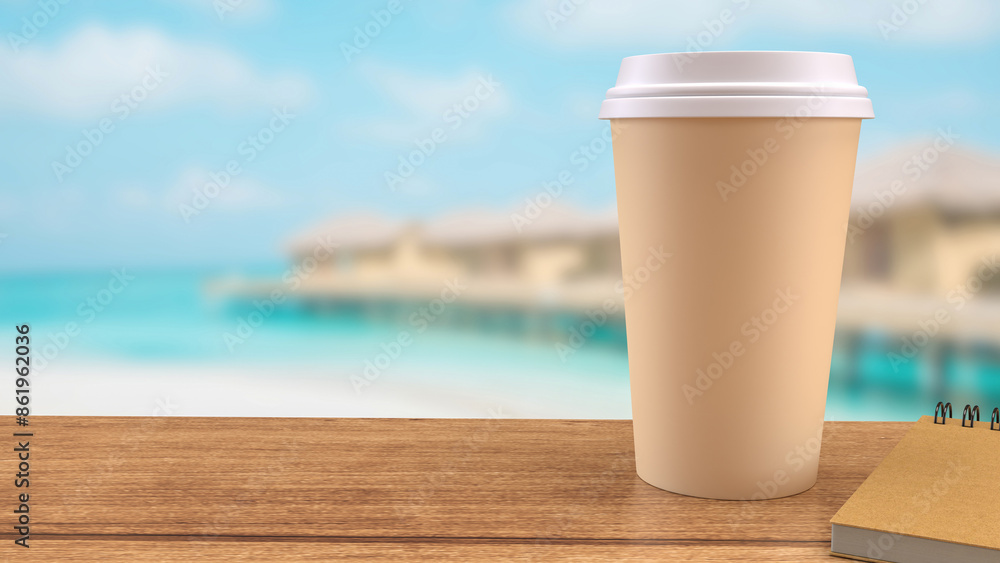 The coffee cup on wood table for drink or travel concept 3d rendering. The coffee cup on wood table for drink or travel concept 3d rendering.