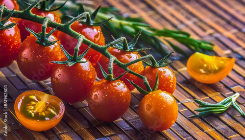 A bunch of fresh and charry juicy tomatoes with water splash on color background. photo