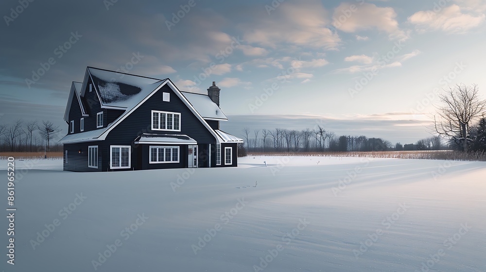 panoramic shot of a house clad in vinyl siding in a striking midnight black, with a sharp contrast against the white snowy landscape panoramic shot of a house clad in vinyl siding in a striking midnight black, with a sharp contrast against the white snowy landscape
