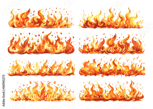 Fire banners cartoon vector set. Burning flame smoldering tongues burns combustion lines border isolated on white background