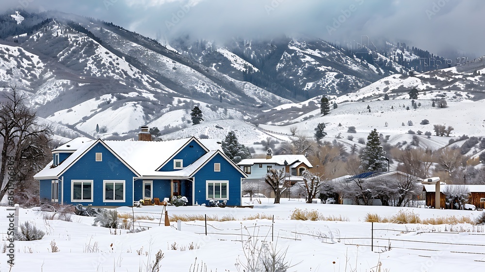 panoramic view of a home clad in vinyl siding in a rich cobalt blue, standing out against a snowy mountain backdrop panoramic view of a home clad in vinyl siding in a rich cobalt blue, standing out against a snowy mountain backdrop