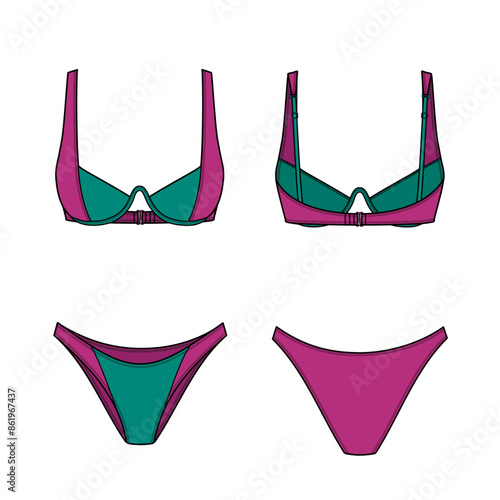 90's vintage colorblock bikini technical fashion flat. Swimsuit vector illustration, front and back view, editable mockup template photo