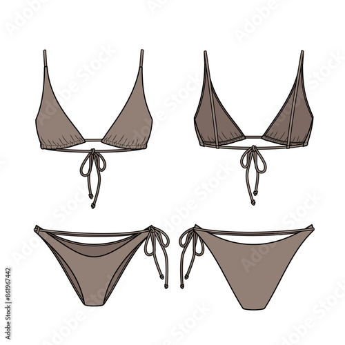 High triangle wrap waist bikini technical fashion flat. Swimsuit vector illustration, front and back view, editable mockup template