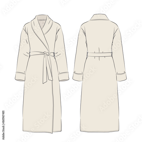 Robe with tie waist technical fashion flat. Vector illustration, front and back view, editable mockup template