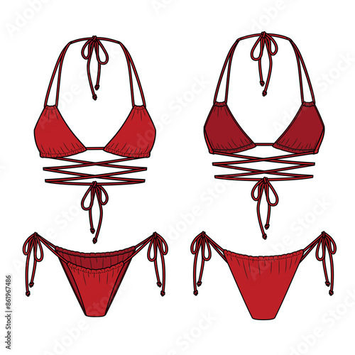 Wrap waist string bikini technical fashion flat. Swimsuit vector illustration, front and back view, editable mockup template