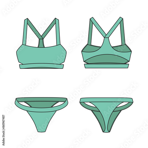 Square neck cutout thong bikini technical fashion flat. Swimsuit vector illustration, front and back view, editable mockup template.