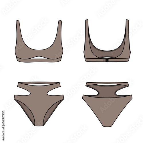 Scoop neck cutout bikini technical fashion flat. Swimsuit vector illustration, front and back view, editable mockup template