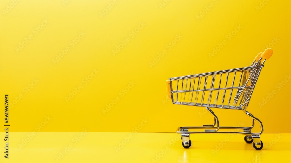 Minimalist shopping cart on yellow background Minimalist shopping cart on yellow background