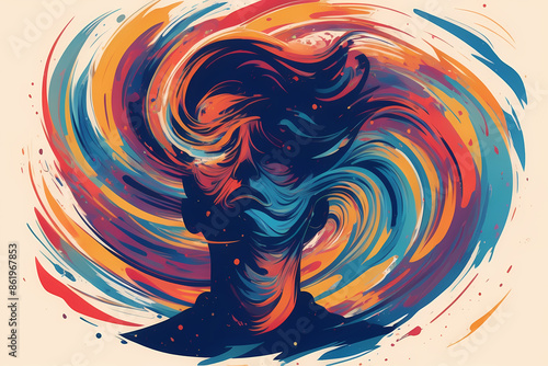 surreal illustration depicting a person's silhouette with a chaotic swirl of thoughts, symbols, and emotions emanating from their head, representing various mental health challenges.