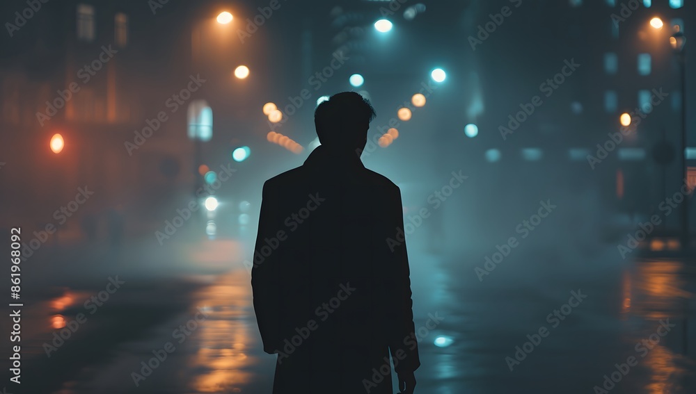 Man Walking Alone at Night in Spooky Mist Man Walking Alone at Night in Spooky Mist