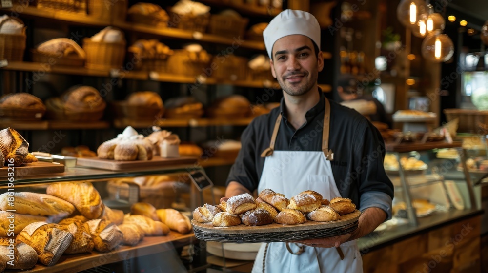 Smiling baker in a modern bakery holding a tray of freshly baked bread and pastries, showcasing a variety of delicious baked goods. Smiling baker in a modern bakery holding a tray of freshly baked bread and pastries, showcasing a variety of delicious baked goods.
